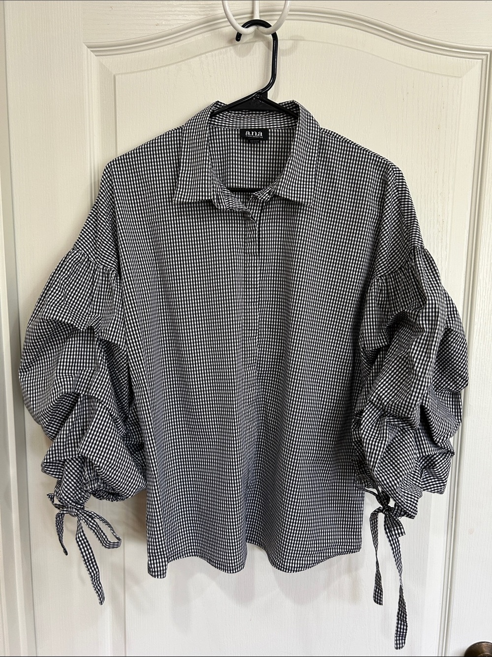 Black Gingham Top With Bustled Tie Sleeves